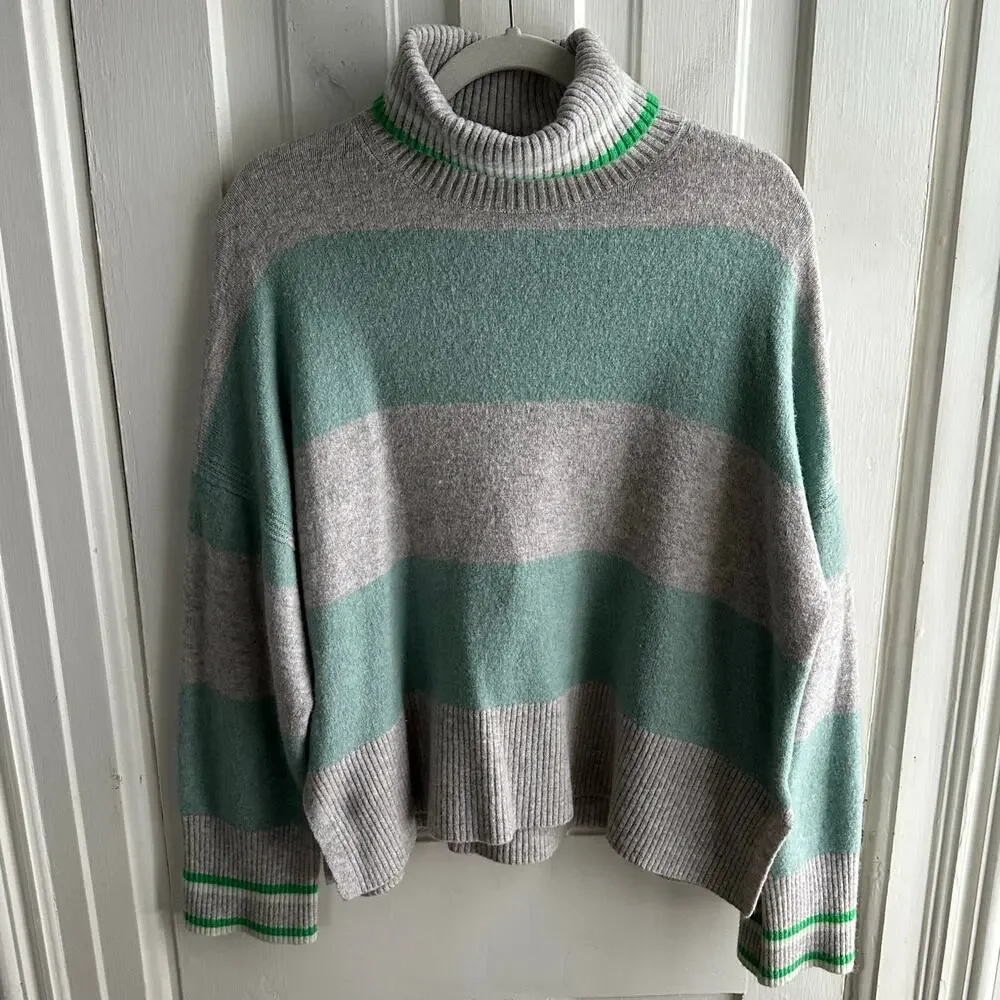 J. Crew Striped Turtleneck Sweater Gray & Mint Green Wool Alpaca